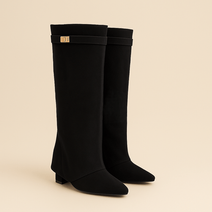 Women's - Knee-High Boots - Pointed Toe Leather Zip