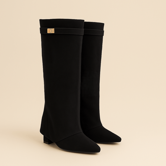 Women's - Knee-High Boots - Pointed Toe Leather Zip