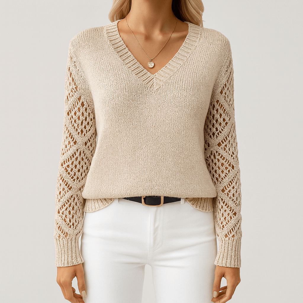 Women's - Knitted V-Neck Jumper - Acrylic Blend Fabric