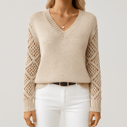 Women's - Knitted V-Neck Jumper - Acrylic Blend Fabric