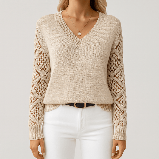 Women's - Knitted V-Neck Jumper - Acrylic Blend Fabric