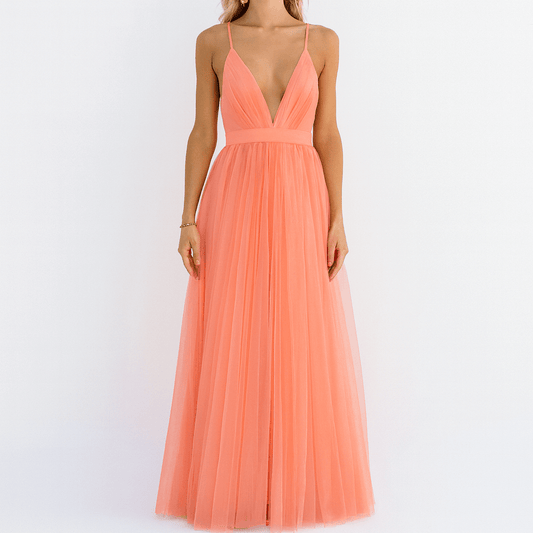 Women's - Long V-Neck Chiffon Dress - Elegant Style