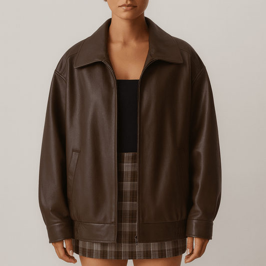 Women's - Relaxed Leather Jacket - Zip-Up High Collar Fit