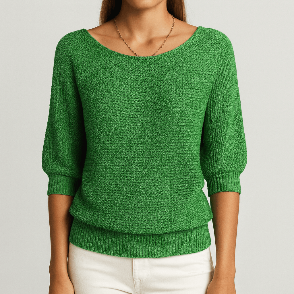 Women's -  Round Neck Knitted Jumper - Three-Fourths Sleeve