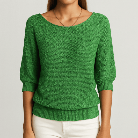 Women's -  Round Neck Knitted Jumper - Three-Fourths Sleeve