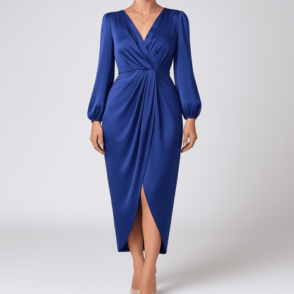 Women's - Ruched Long Sleeve Dress - Formal Wear