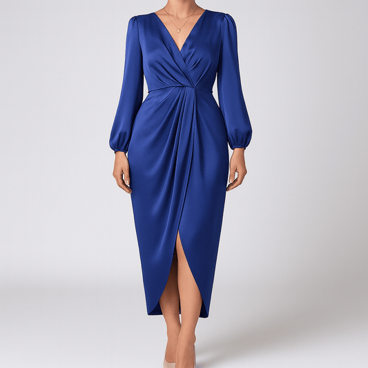 Women's - Ruched Long Sleeve Dress - Formal Wear