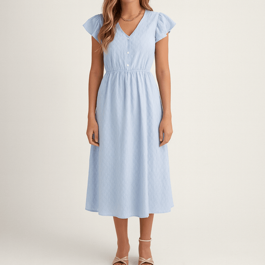 Women's - Ruffled V-Neck Midi Dress - Flowing Style