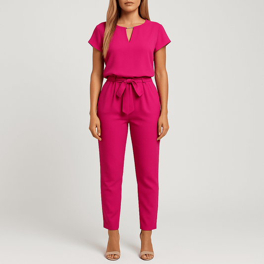 Women's - Short Sleeve Jumpsuit - Elegant Tie