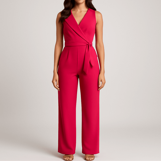 Women's - Sleeveless Wrap Jumpsuit - Belted Waist