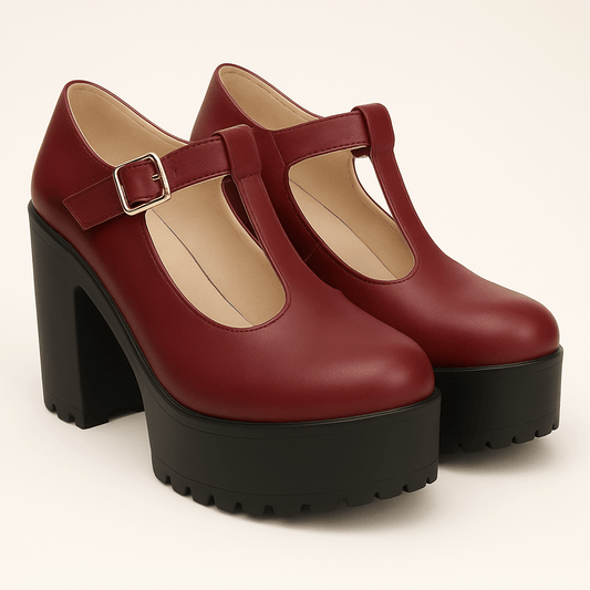 Women's - T-Strap Chunky Platform Heels - Stylish & Comfortable