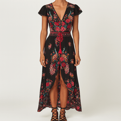 Women's - V-Neck Boho Casual Dress - Chic & Comfortable