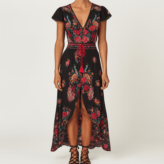 Women's - V-Neck Boho Casual Dress - Chic & Comfortable