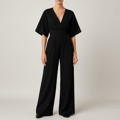Women's - V-neck Jumpsuit - Wide Leg Design