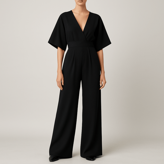 Women's - V-neck Jumpsuit - Wide Leg Design