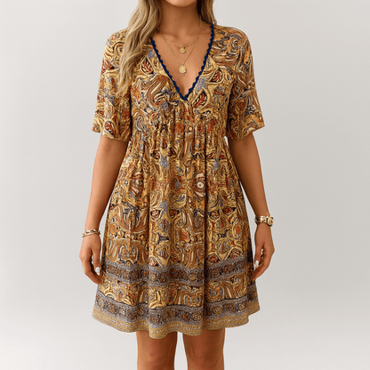 Women's - Boho Paisley Print Mini Dress - Lightweight Fabric