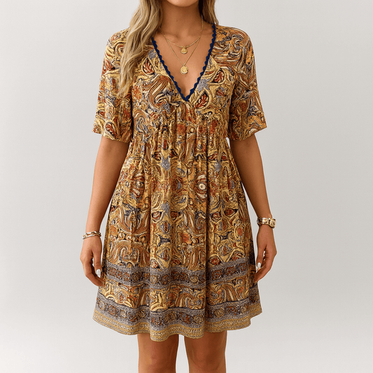 Women's - Boho Paisley Print Mini Dress - Lightweight Fabric