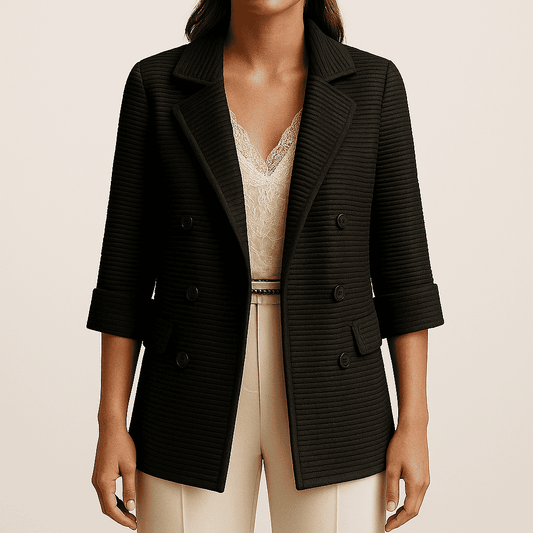 Women's - Chic Ribbed Double-Breasted Blazer Jacket - Stylish Layering Essential