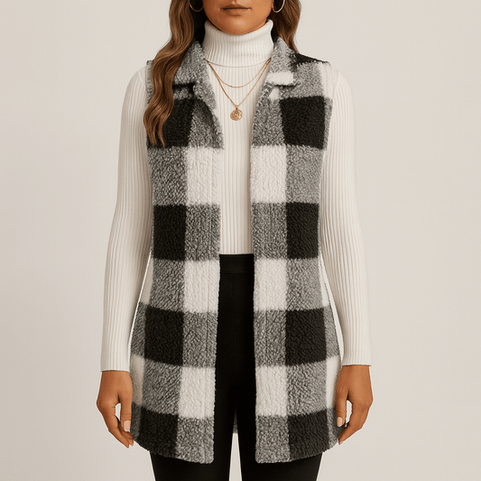 Women's - Coy Sherpa Plaid Open Front Vest Coat - Stylish Layering Essential