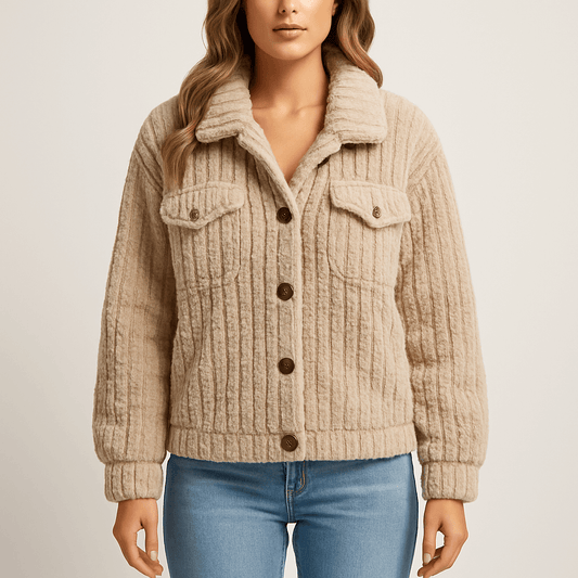 Women's - Fuzzy Button Up Collared Neck Jacket - Cosy Style - Perfect for Fall