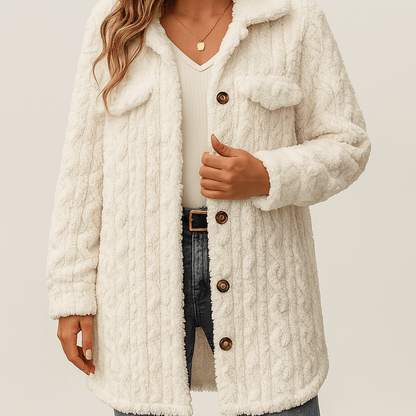 Women's - Fuzzy Longline Coat - Button Up, Long Sleeve, Cosy Style