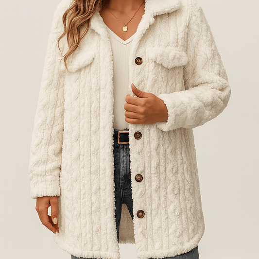 Women's - Fuzzy Longline Coat - Button Up, Long Sleeve, Cosy Style