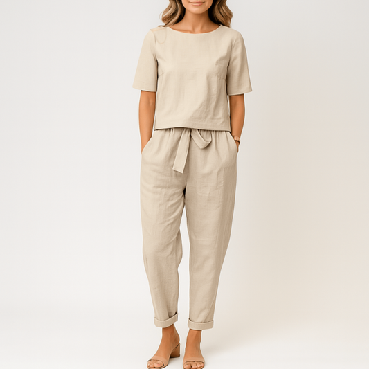 Women’s - Linen Blouse and Pants Set - Stylish, Comfortable Outfit - Ideal for Casual Outings and Everyday Style