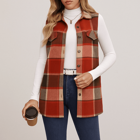 Women's - Plaid Button Up Vest Coat - Stylish Layering Piece - Classic Design for All Occasions