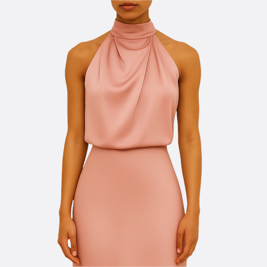 Women's - Satin Midi Dress - Halter Neck Backless