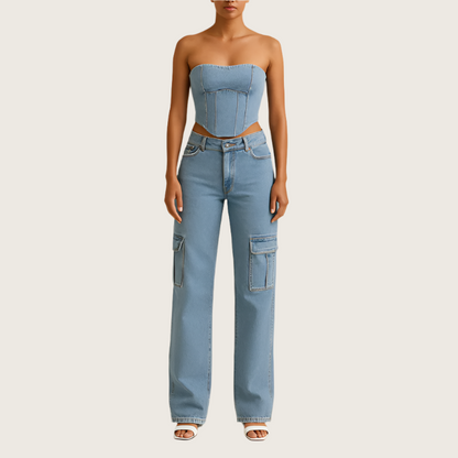 Women's - Stylish Denim Cargo Pants - Trendy & Versatile - Comfortable Fit - Perfect for Everyday Wear