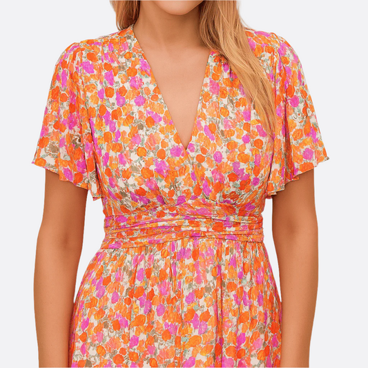 Women's – Floral Dress – V-Neck, High Waist Fit
