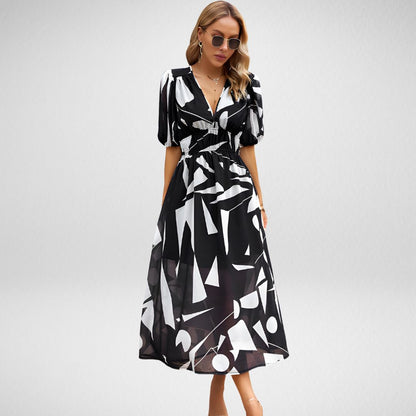 Women's - Printed V-Neck Dress - Lightweight Fabric - Stylish Floral Design - Perfect for Casual Outings