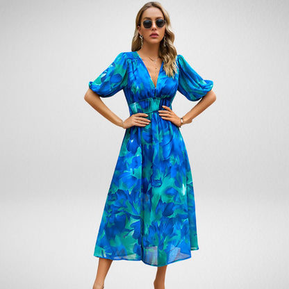 Women's - Printed V-Neck Dress - Lightweight Fabric - Stylish Floral Design - Perfect for Casual Outings