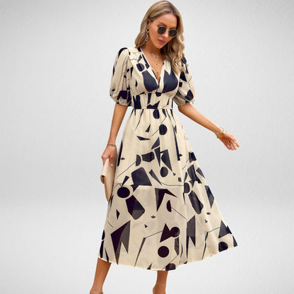 Women's - Printed V-Neck Dress - Lightweight Fabric - Stylish Floral Design - Perfect for Casual Outings