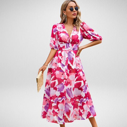 Women's - Printed V-Neck Dress - Lightweight Fabric - Stylish Floral Design - Perfect for Casual Outings