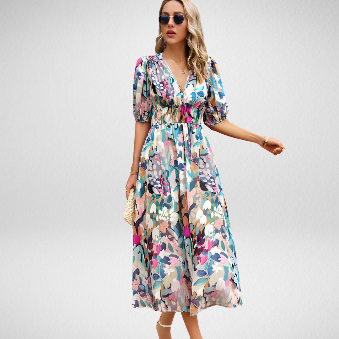 Women's - Printed V-Neck Dress - Lightweight Fabric - Stylish Floral Design - Perfect for Casual Outings