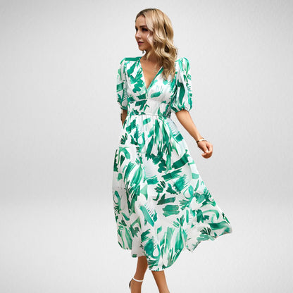 Women's - Printed V-Neck Dress - Lightweight Fabric - Stylish Floral Design - Perfect for Casual Outings