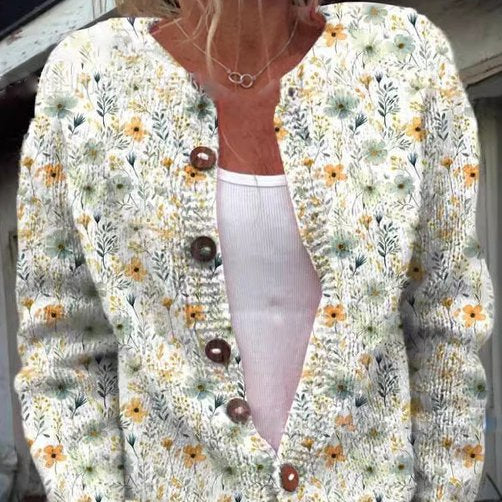 Women - Cardigan - Floral Knit - Round Neck