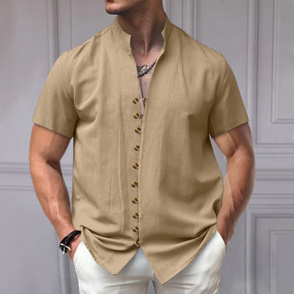 Men's - Short Sleeve Stand Collar Shirt - Linen Blend