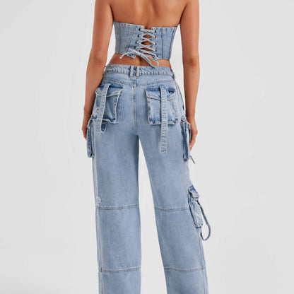 Women's - Stylish Denim Cargo Pants - Trendy & Versatile - Comfortable Fit - Perfect for Everyday Wear
