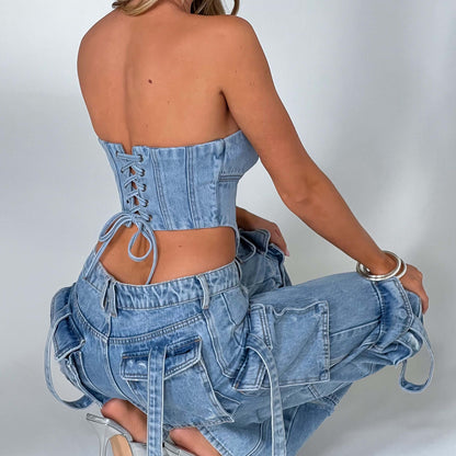 Women's - Stylish Denim Cargo Pants - Trendy & Versatile - Comfortable Fit - Perfect for Everyday Wear