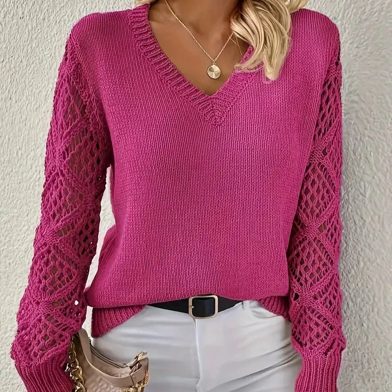 Women's - Knitted V-Neck Jumper - Acrylic Blend Fabric