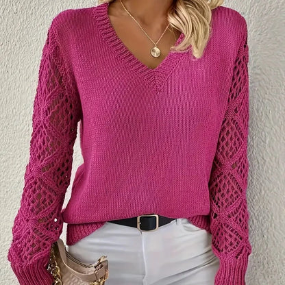Women's - Knitted V-Neck Jumper - Acrylic Blend Fabric