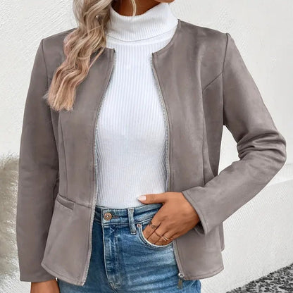 Women's - Tailored Jacket - Minimalist Zip-Up Design - Smart Casual Outerwear