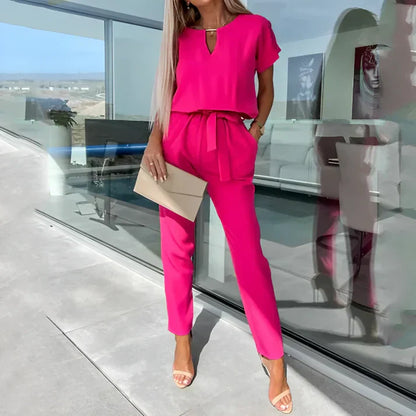 Women's - Short Sleeve Jumpsuit - Elegant Tie