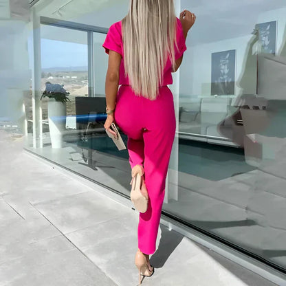 Women's - Short Sleeve Jumpsuit - Elegant Tie