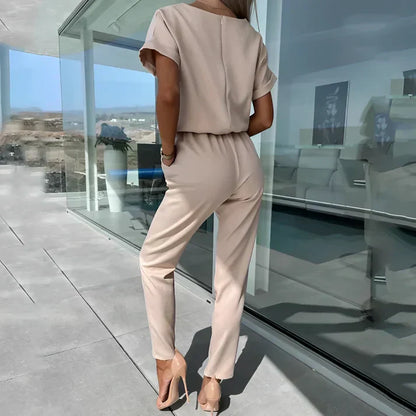 Women's - Short Sleeve Jumpsuit - Elegant Tie