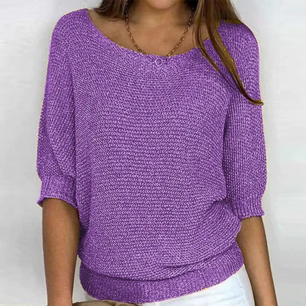 Women's -  Round Neck Knitted Jumper - Three-Fourths Sleeve