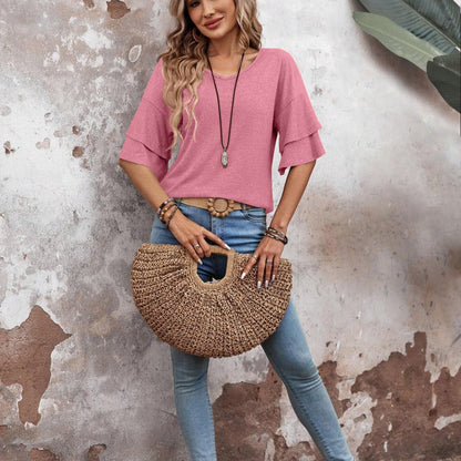 Women's - V-Neck Half Sleeve Blouse - Soft Fabric - Stylish Top