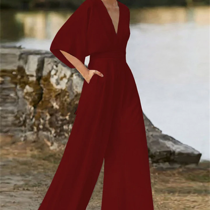 Women's - V-neck Jumpsuit - Wide Leg Design